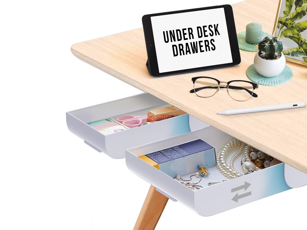 Desk Oasis 2 Pack Under Desk Storage, Plastic Desk Accessories, Slide Out Desk Drawer Attachment - Plastic Desk Accessories, Under Desk Drawer |Hidden Self Adhesive Drawer for office Home